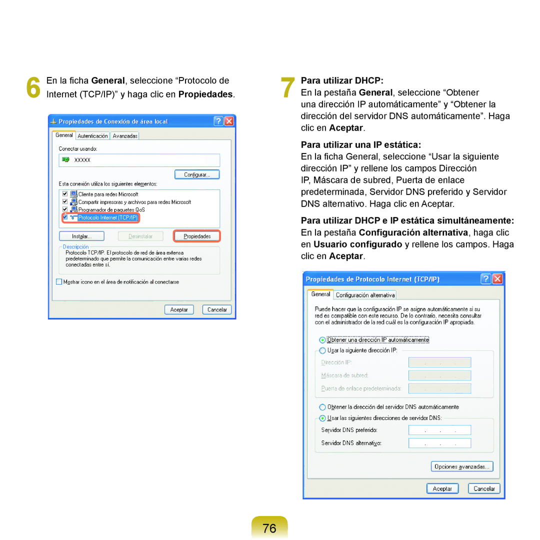 Samsung NP-P55CV02/SES, NP-P55ZBM/SES, NP-P55/V01/SES, NP-P55CV01/SES manual Para utilizar Dhcp, Para utilizar una IP estática 