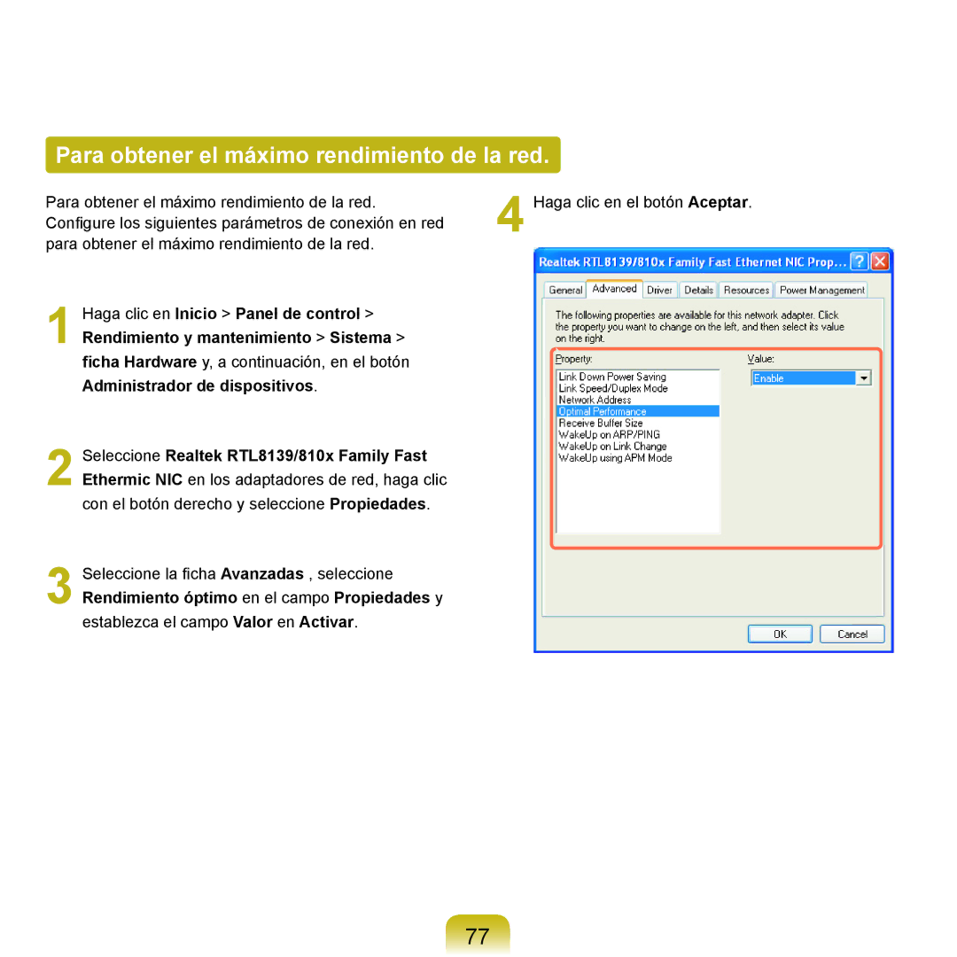 Samsung NP-P55ZBM/SES, NP-P55/V01/SES, NP-P55CV01/SES, NP-P55TV01/SES manual Para obtener el máximo rendimiento de la red 