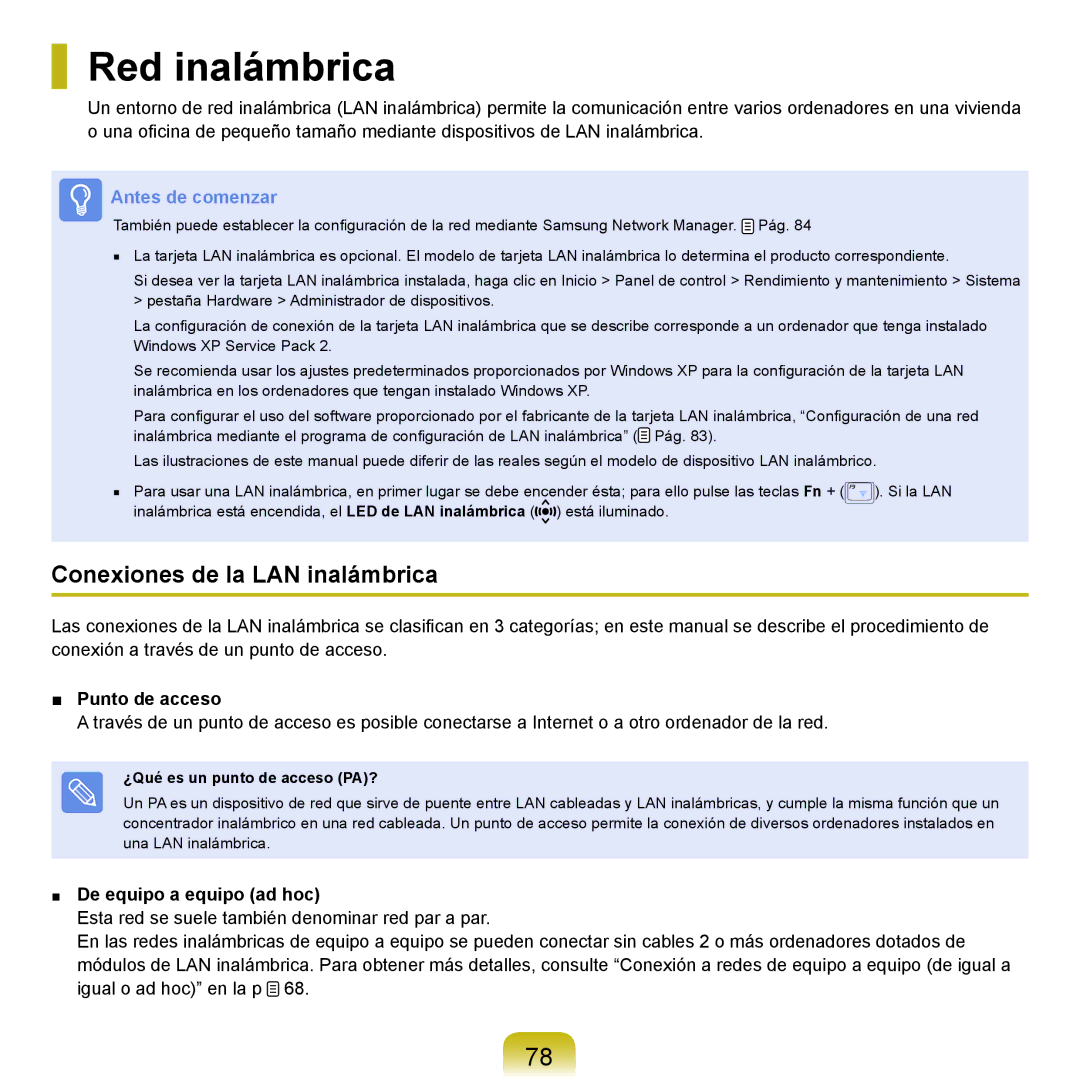 Samsung NP-P55/V01/SES manual Red inalámbrica, Conexiones de la LAN inalámbrica, Punto de acceso, De equipo a equipo ad hoc 