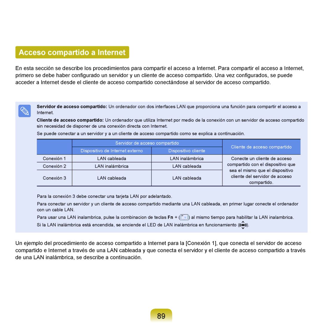 Samsung NP-P55ZBM/SES, NP-P55/V01/SES, NP-P55CV01/SES, NP-P55TV01/SES, NP-P55T000/SES manual Acceso compartido a Internet 