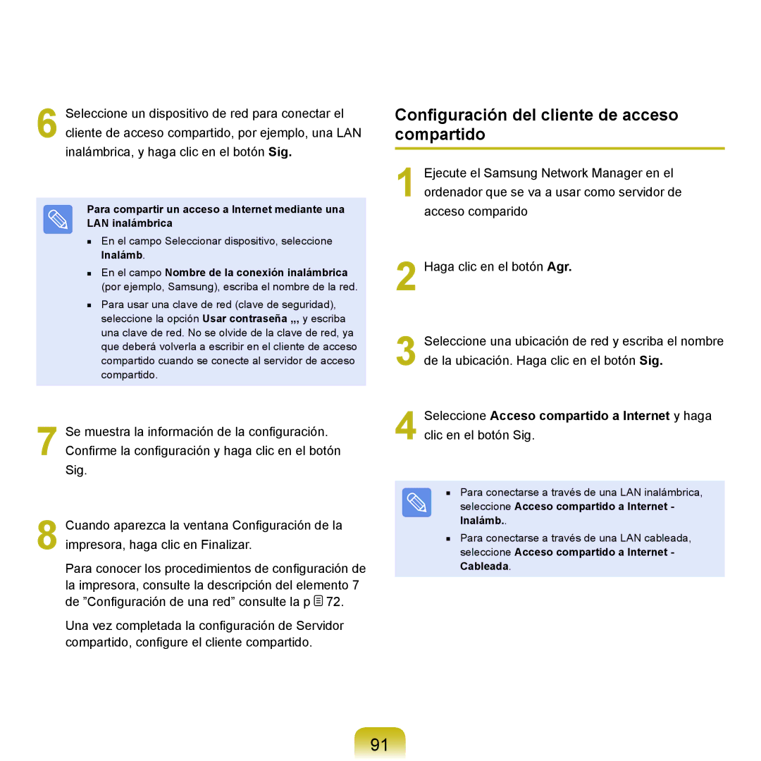 Samsung NP-P55CV01/SES manual Configuración del cliente de acceso compartido, En el campo Nombre de la conexión inalámbrica 