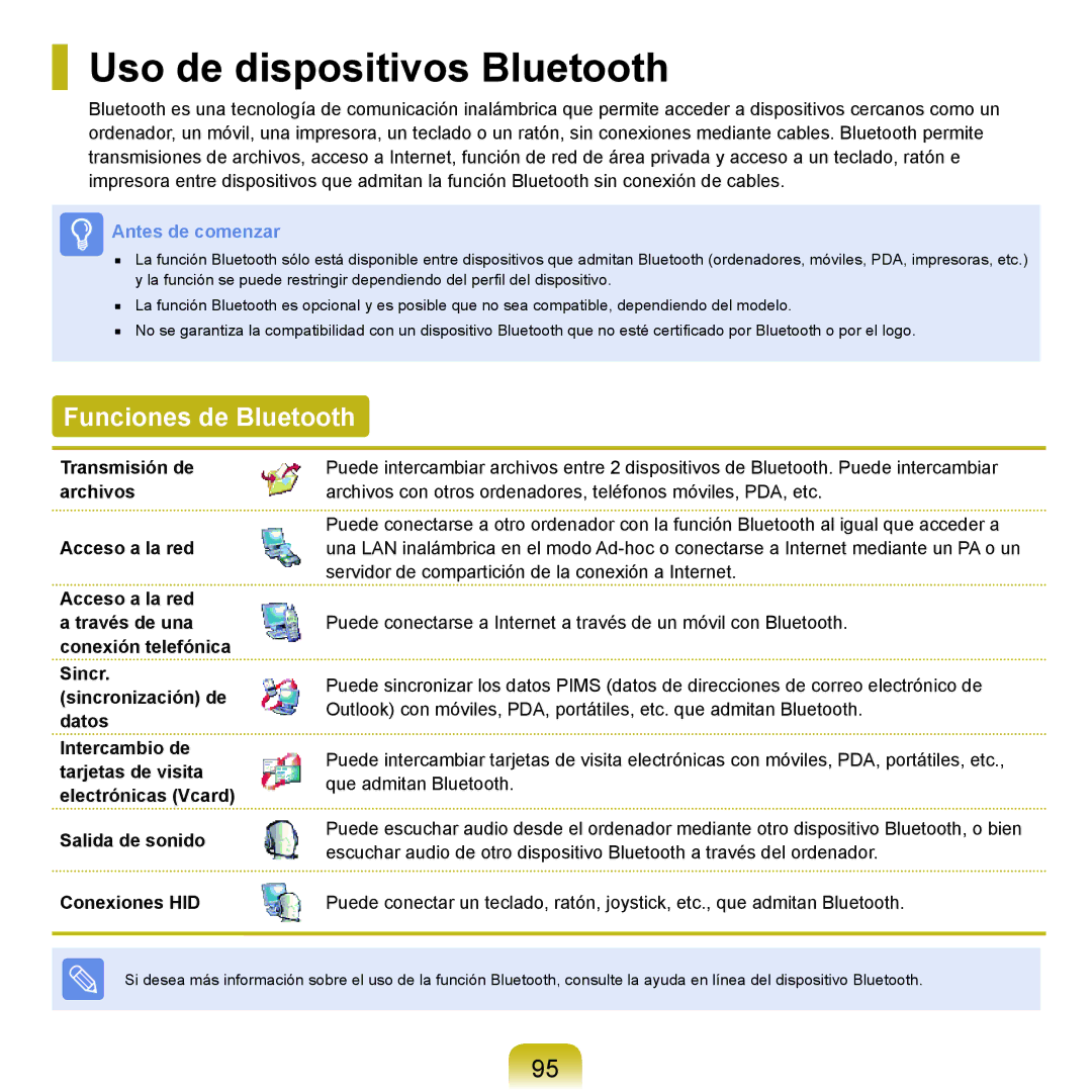 Samsung NP-P55ZBM/SES, NP-P55/V01/SES, NP-P55CV01/SES, NP-P55TV01/SES Uso de dispositivos Bluetooth, Funciones de Bluetooth 