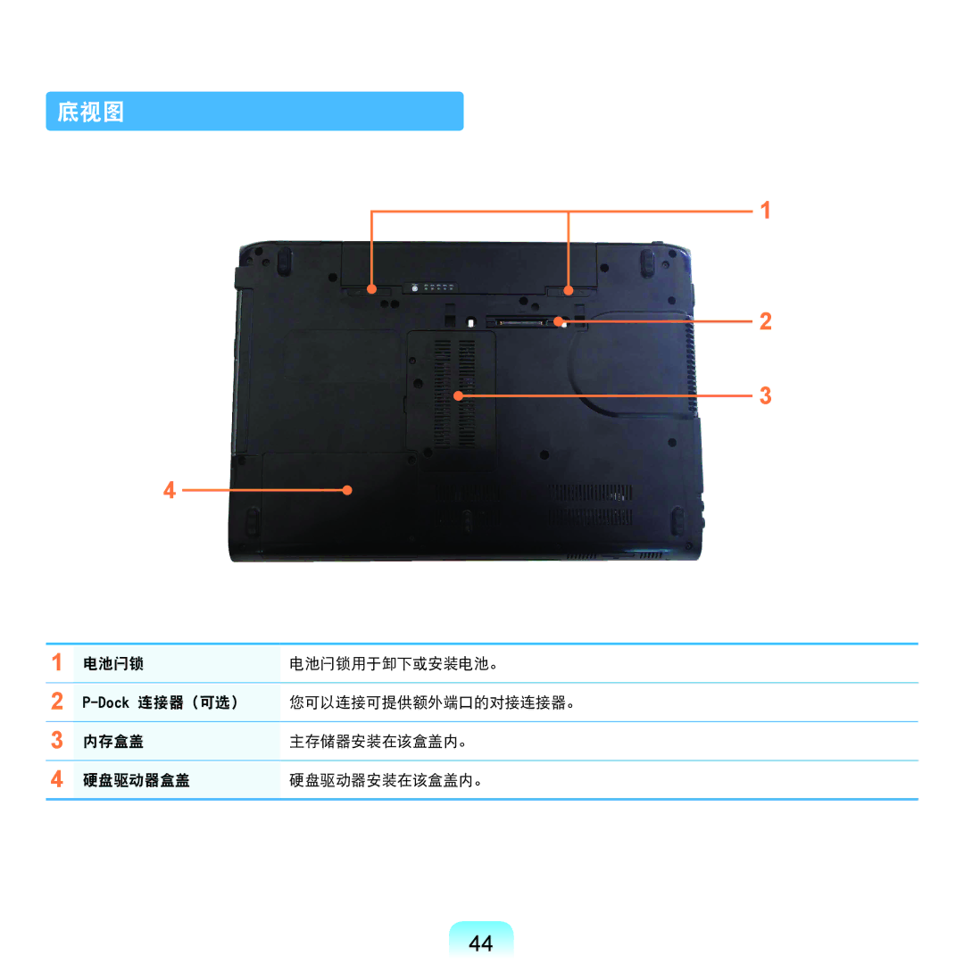 Samsung NP-P580-JS01AT manual 底视图, 电池闩锁 电池闩锁用于卸下或安装电池。, 您可以连接可提供额外端口的对接连接器。, 内存盒盖 主存储器安装在该盒盖内。 硬盘驱动器盒盖 硬盘驱动器安装在该盒盖内。 