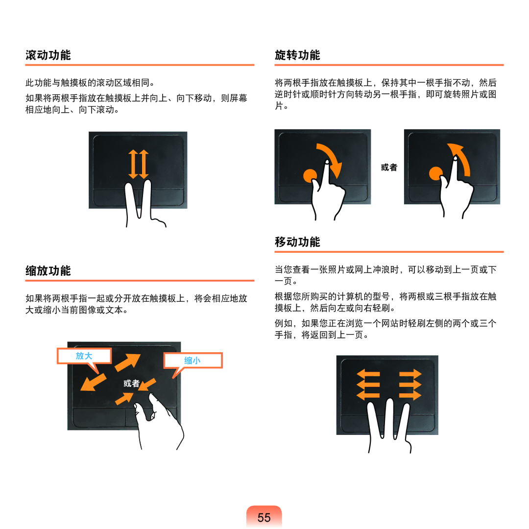 Samsung NP-X125-JA01SE, NP-P580-JS01AT manual 滚动功能, 旋转功能, 移动功能, 缩放功能 