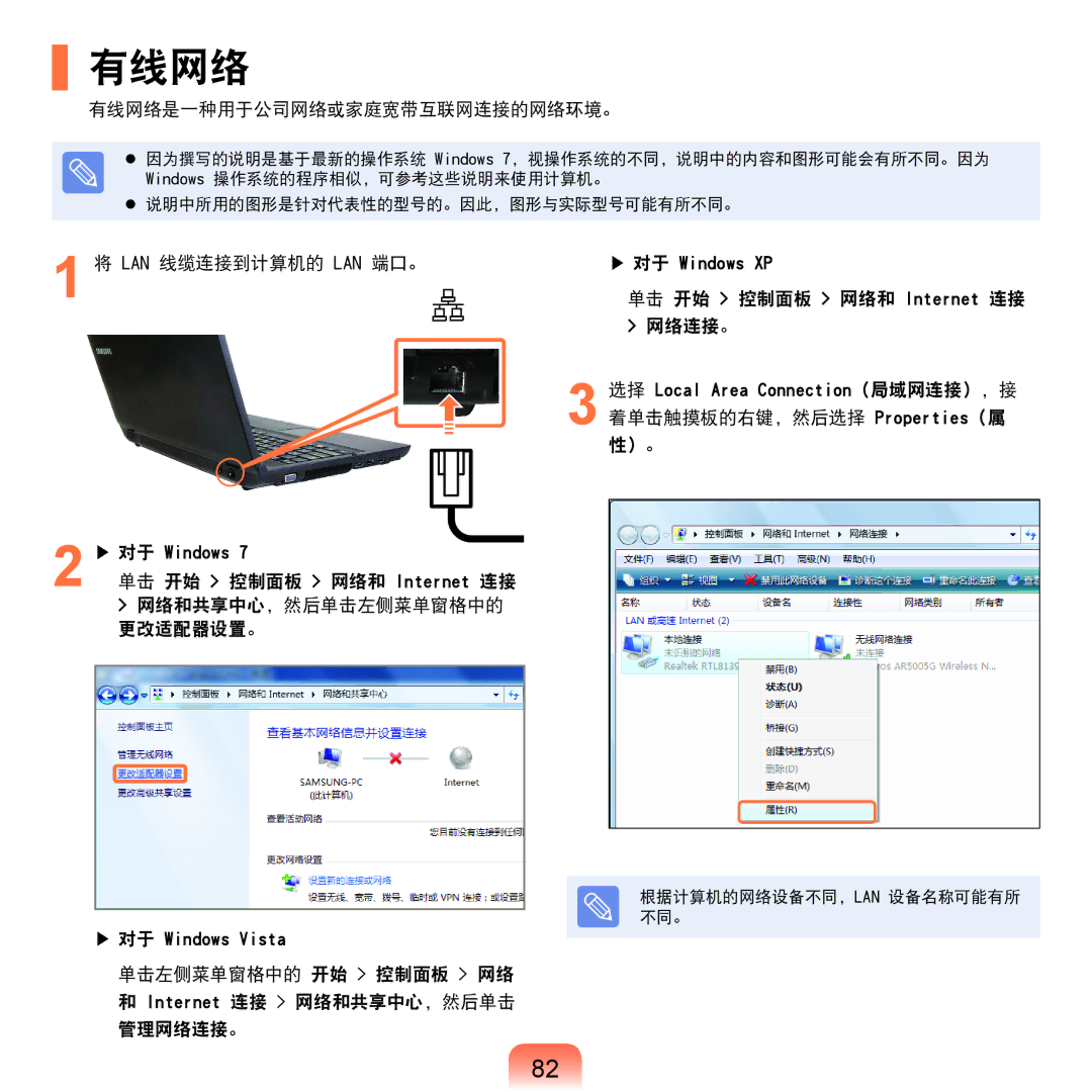 Samsung NP-P580-JS01AT, NP-X125-JA01SE manual 有线网络是一种用于公司网络或家庭宽带互联网连接的网络环境。, Lan 线缆连接到计算机的 Lan 端口。 