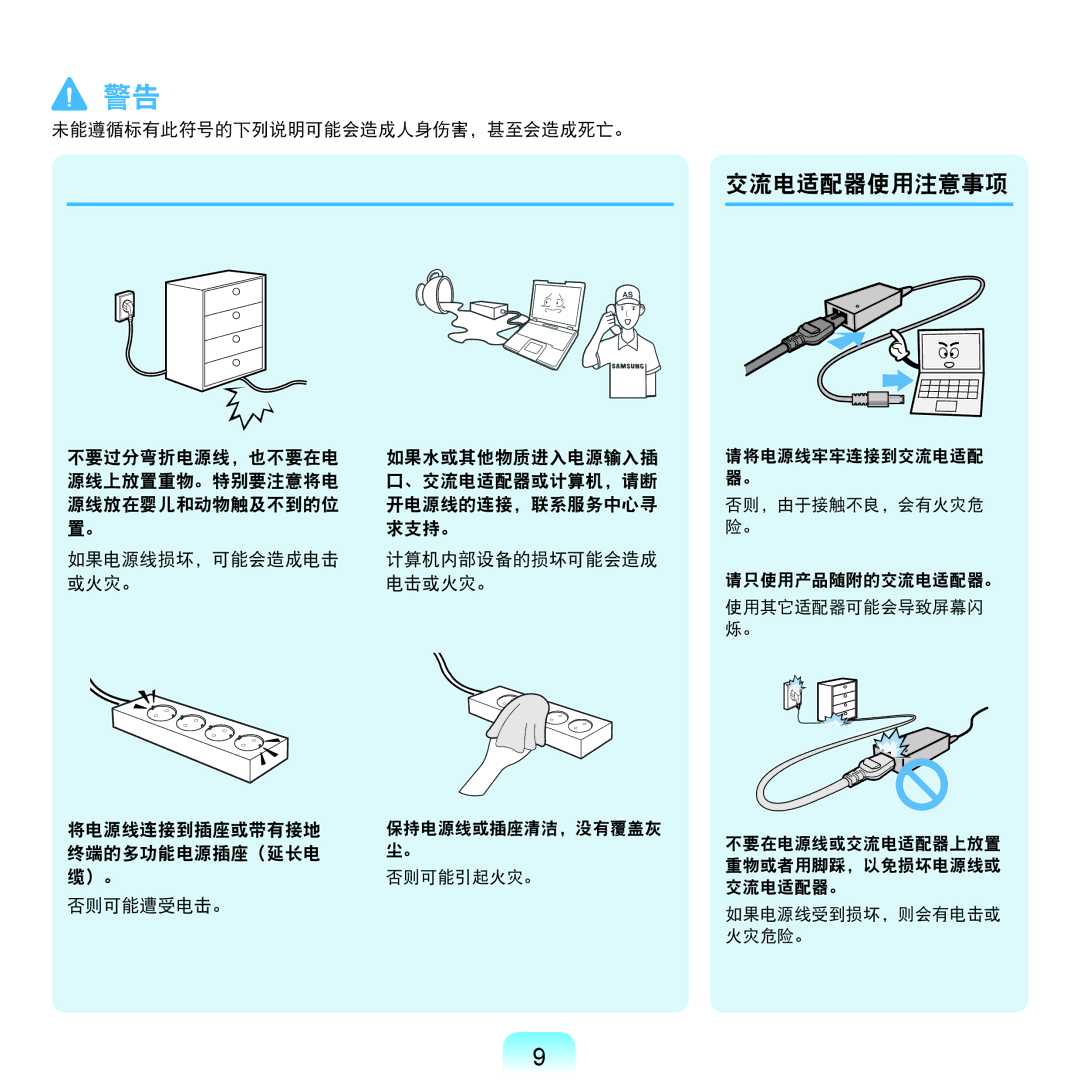 Samsung NP-X125-JA01SE, NP-P580-JS01AT manual 交流电适配器使用注意事项 