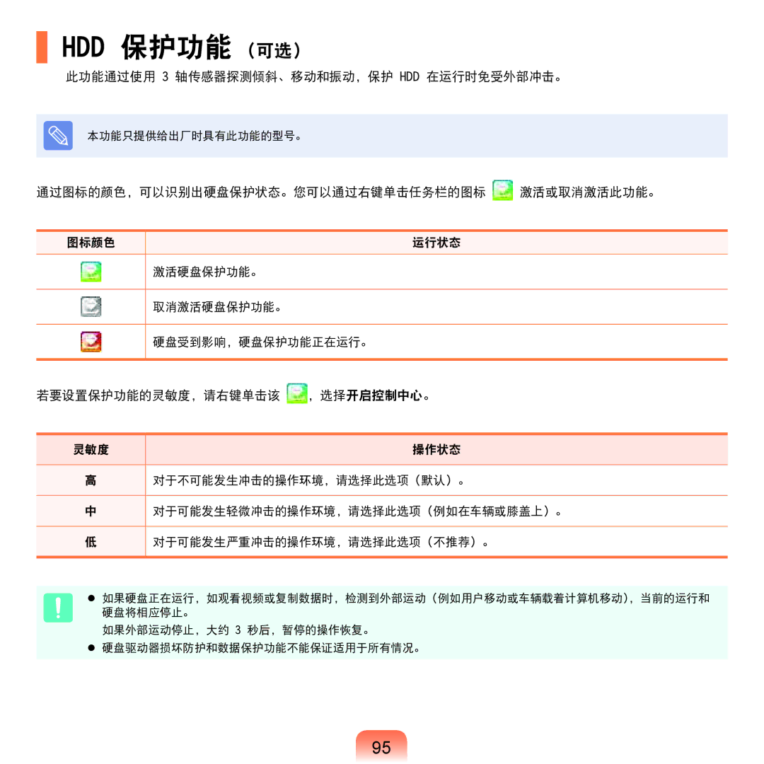 Samsung NP-X125-JA01SE, NP-P580-JS01AT manual Hdd 保护功能 可选, 此功能通过使用 3 轴传感器探测倾斜、移动和振动，保护 HDD 在运行时免受外部冲击。 