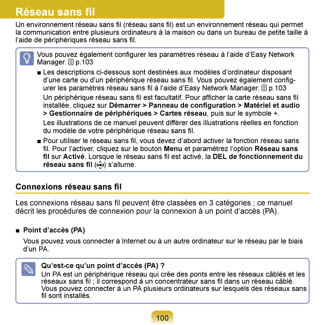 Samsung NP-Q1-V004/SEI, NP-Q1-V000/SEF, NP-Q1-M000/SEF Réseau sans ﬁl, Connexions réseau sans ﬁl, 100, Point d’accès PA 