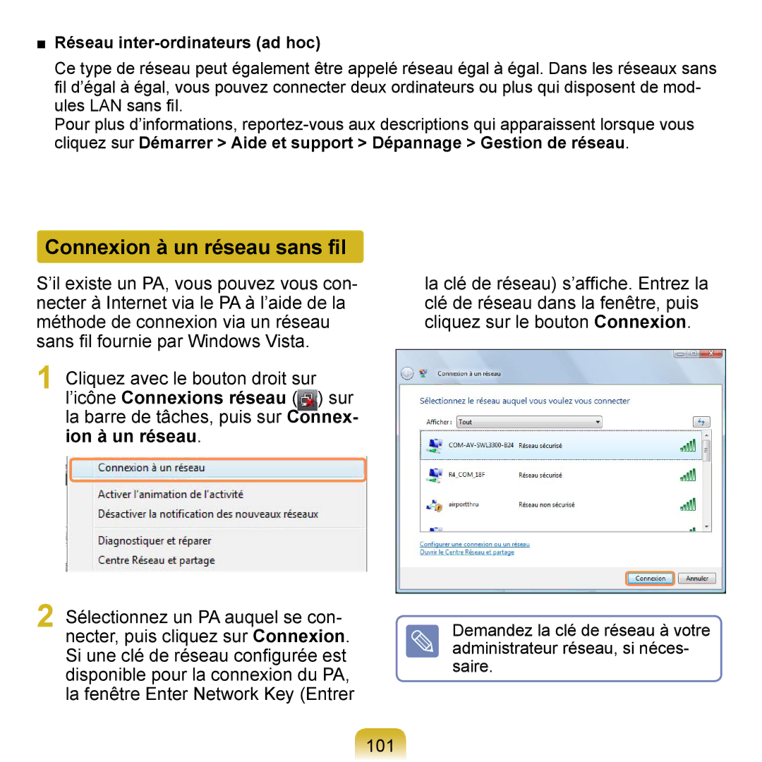 Samsung NP-Q1-M000/SEF Connexion à un réseau sans ﬁl, ’icône Connexions réseau sur, 101, Réseau inter-ordinateurs ad hoc 