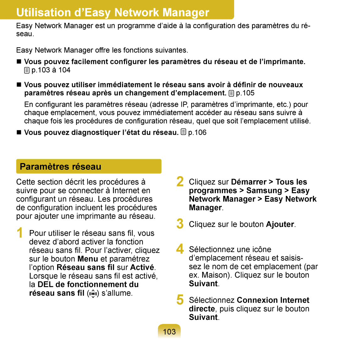 Samsung NP-Q1-V004/SEI, NP-Q1-V000/SEF, NP-Q1-M000/SEF manual Utilisation d’Easy Network Manager, Paramètres réseau 