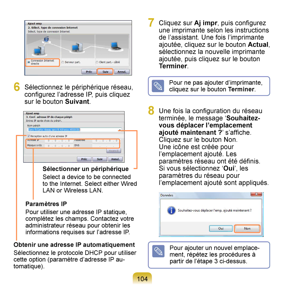 Samsung NP-Q1-M000/SEF manual 104, Sélectionner un périphérique, Paramètres IP, Obtenir une adresse IP automatiquement 