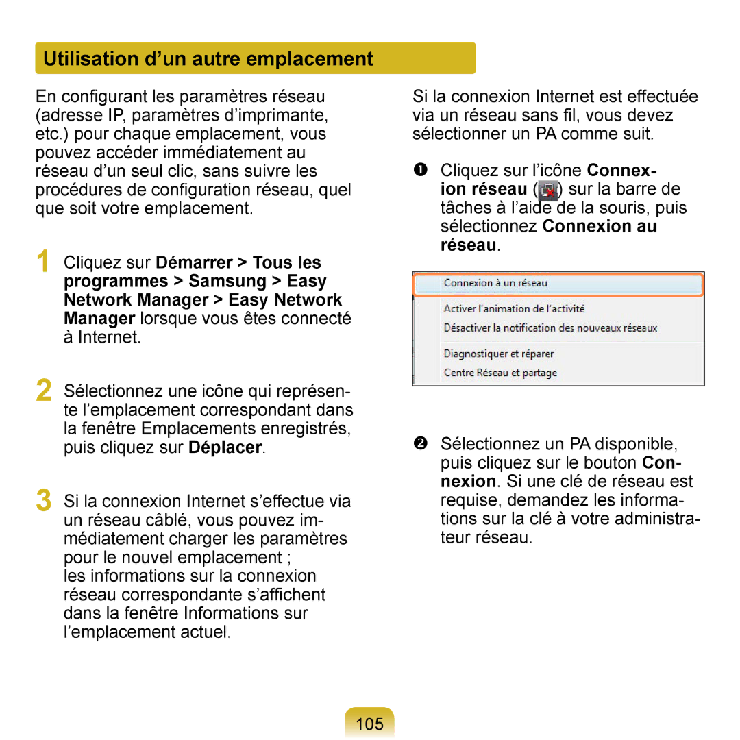 Samsung NP-Q1-V000/SEF, NP-Q1-V004/SEI, NP-Q1-M000/SEF manual Utilisation d’un autre emplacement 