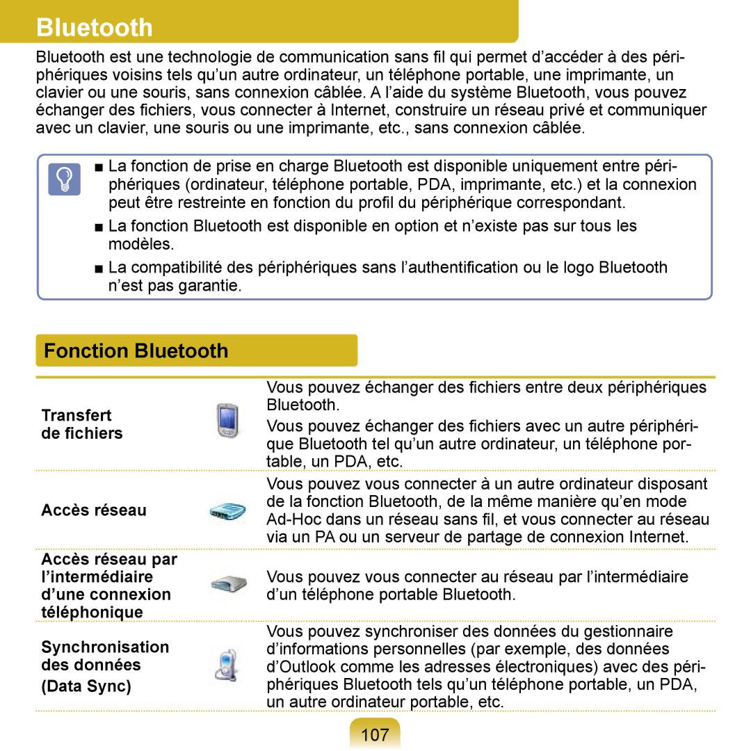 Samsung NP-Q1-M000/SEF, NP-Q1-V000/SEF, NP-Q1-V004/SEI manual Fonction Bluetooth, 107 