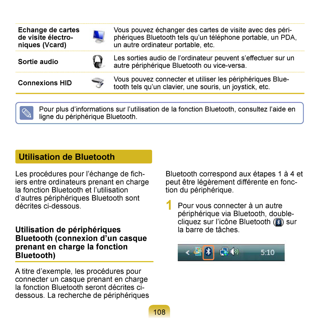 Samsung NP-Q1-V000/SEF, NP-Q1-V004/SEI, NP-Q1-M000/SEF manual Utilisation de Bluetooth 