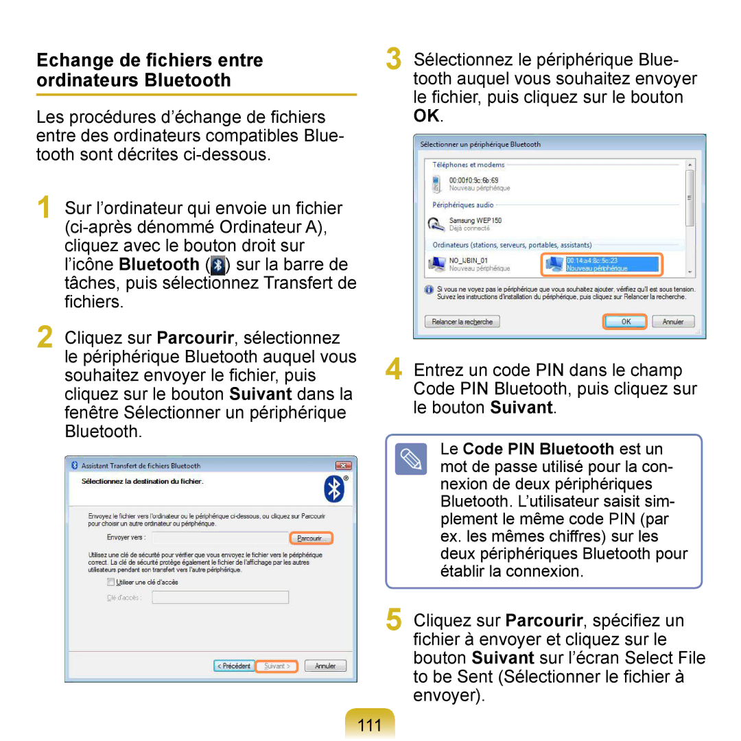 Samsung NP-Q1-V000/SEF, NP-Q1-V004/SEI, NP-Q1-M000/SEF manual Echange de ﬁchiers entre ordinateurs Bluetooth 