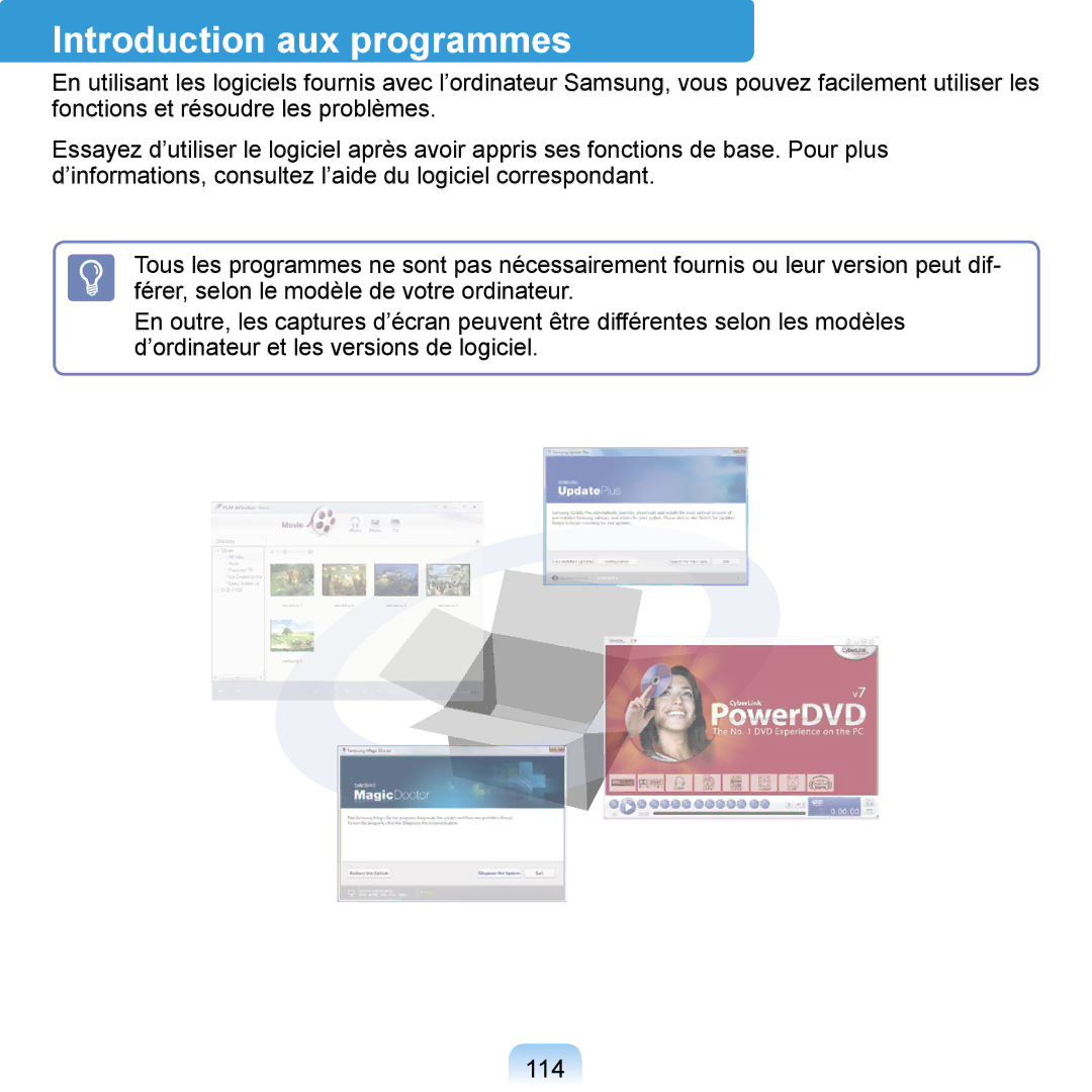 Samsung NP-Q1-V000/SEF, NP-Q1-V004/SEI, NP-Q1-M000/SEF manual Introduction aux programmes, 114 