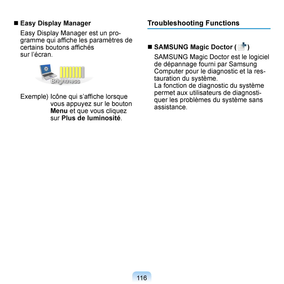 Samsung NP-Q1-M000/SEF, NP-Q1-V000/SEF manual Troubleshooting Functions,  Easy Display Manager,  Samsung Magic Doctor 