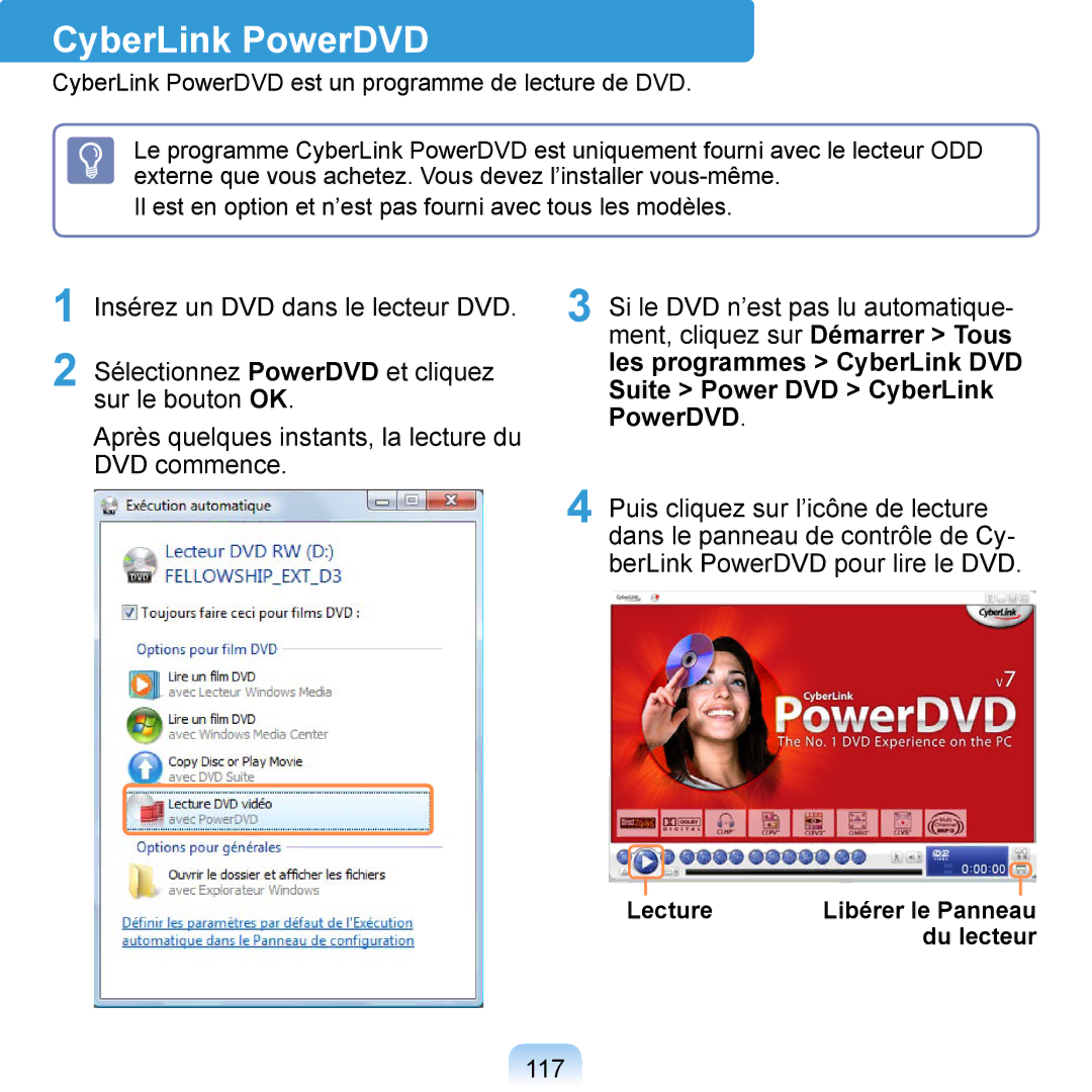Samsung NP-Q1-V000/SEF, NP-Q1-V004/SEI, NP-Q1-M000/SEF manual CyberLink PowerDVD, 117, Lecture, Du lecteur 