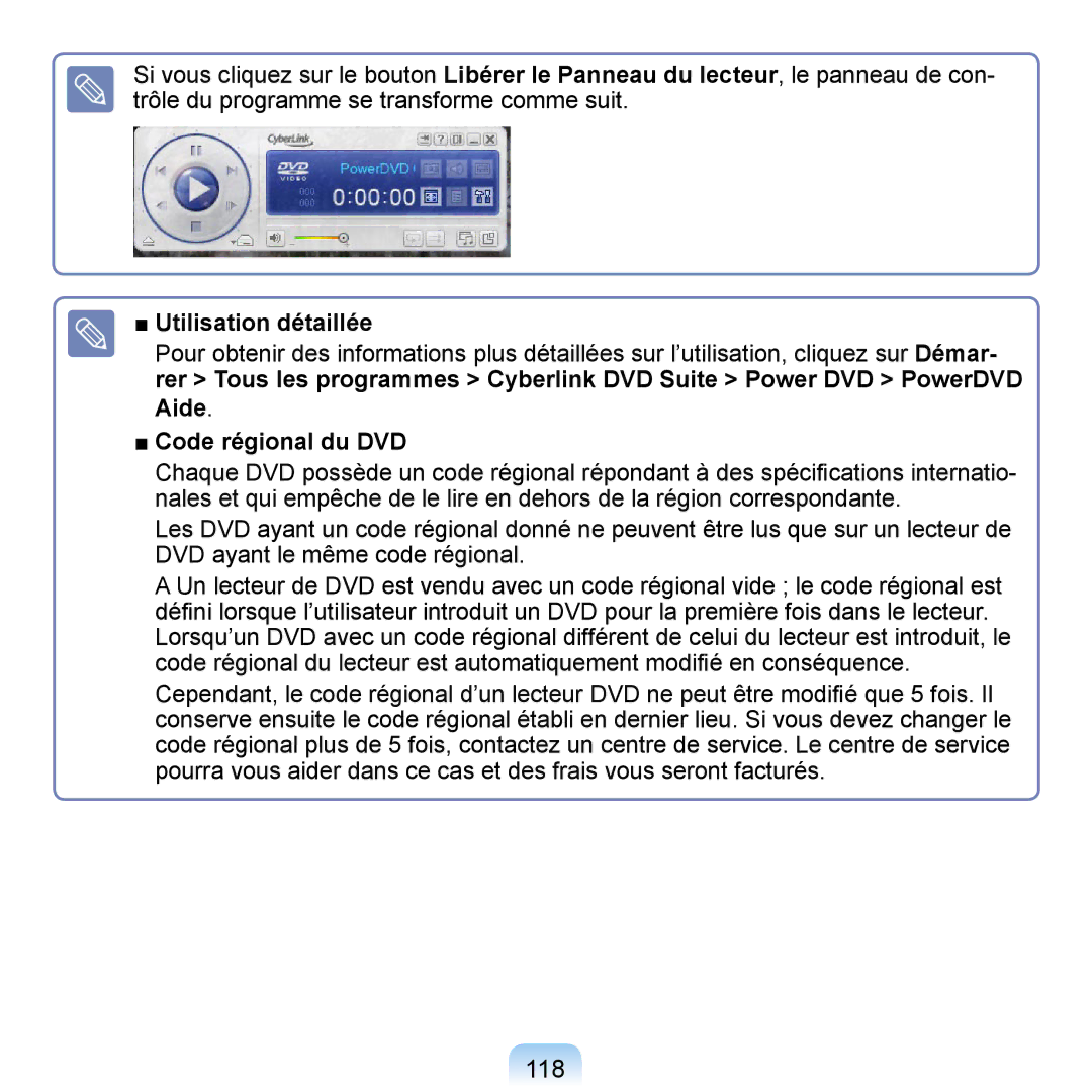 Samsung NP-Q1-V004/SEI, NP-Q1-V000/SEF, NP-Q1-M000/SEF manual 118, Utilisation détaillée, Code régional du DVD 