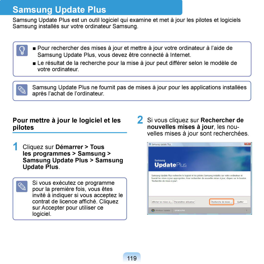 Samsung NP-Q1-M000/SEF, NP-Q1-V000/SEF manual Samsung Update Plus, Pour mettre à jour le logiciel et les pilotes, 119 