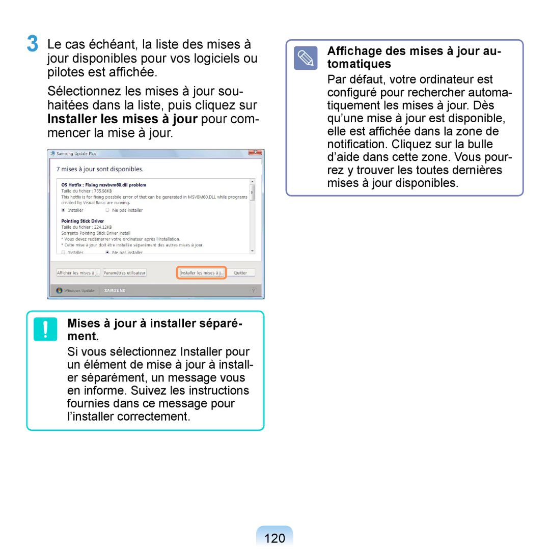 Samsung NP-Q1-V000/SEF manual 120, Mises à jour à installer séparé- ment, Afﬁchage des mises à jour au- tomatiques 