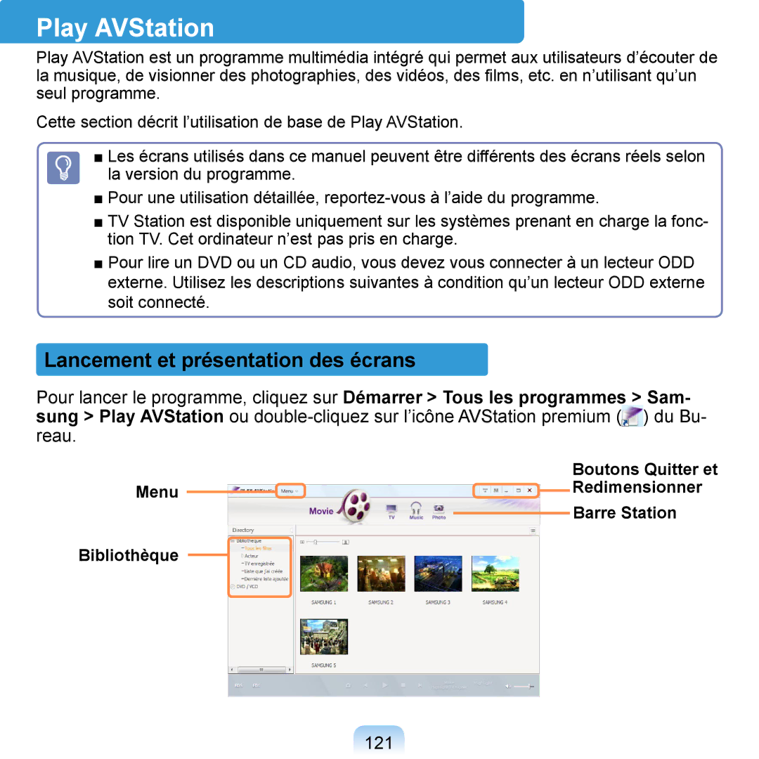 Samsung NP-Q1-V004/SEI, NP-Q1-V000/SEF manual Play AVStation, Lancement et présentation des écrans, 121, Boutons Quitter et 