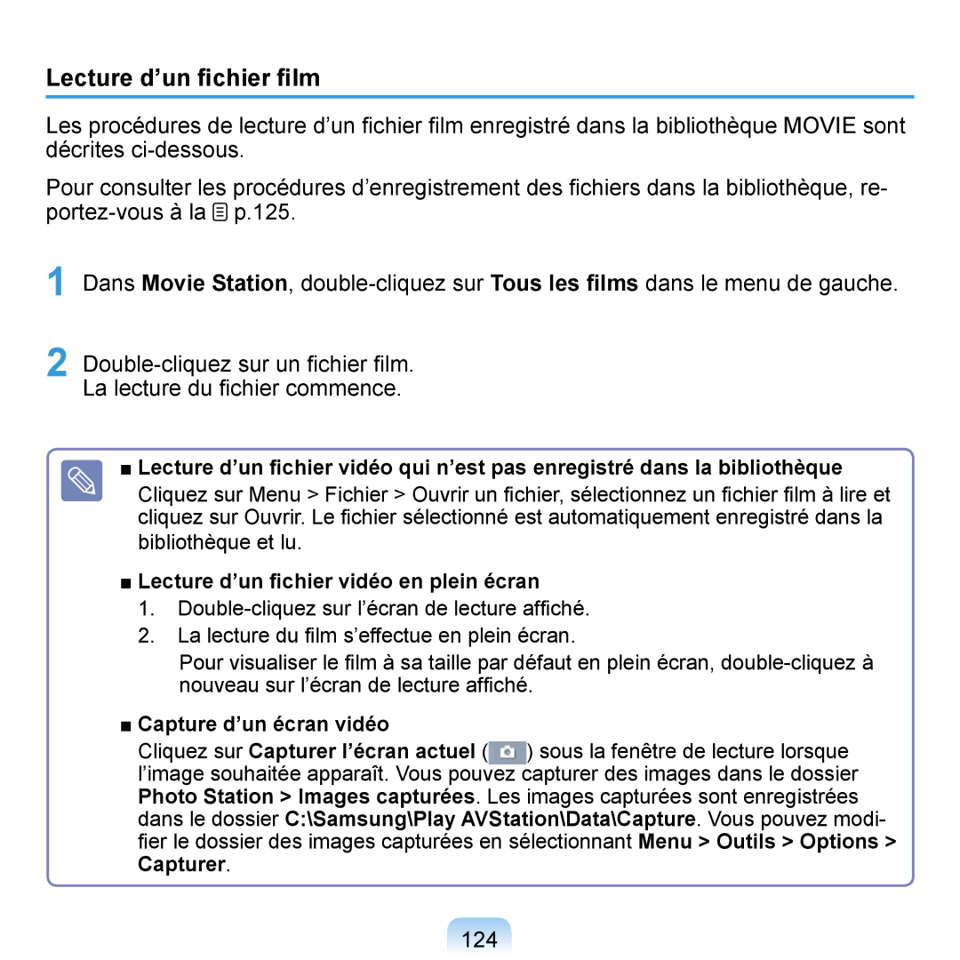 Samsung NP-Q1-V004/SEI, NP-Q1-V000/SEF, NP-Q1-M000/SEF manual Lecture d’un ﬁchier ﬁlm, 124, Capture d’un écran vidéo 