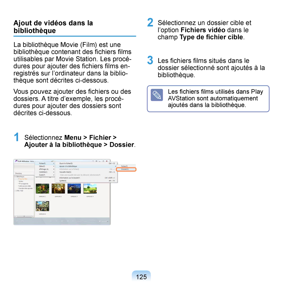 Samsung NP-Q1-M000/SEF, NP-Q1-V000/SEF, NP-Q1-V004/SEI manual Ajout de vidéos dans la bibliothèque, 125 