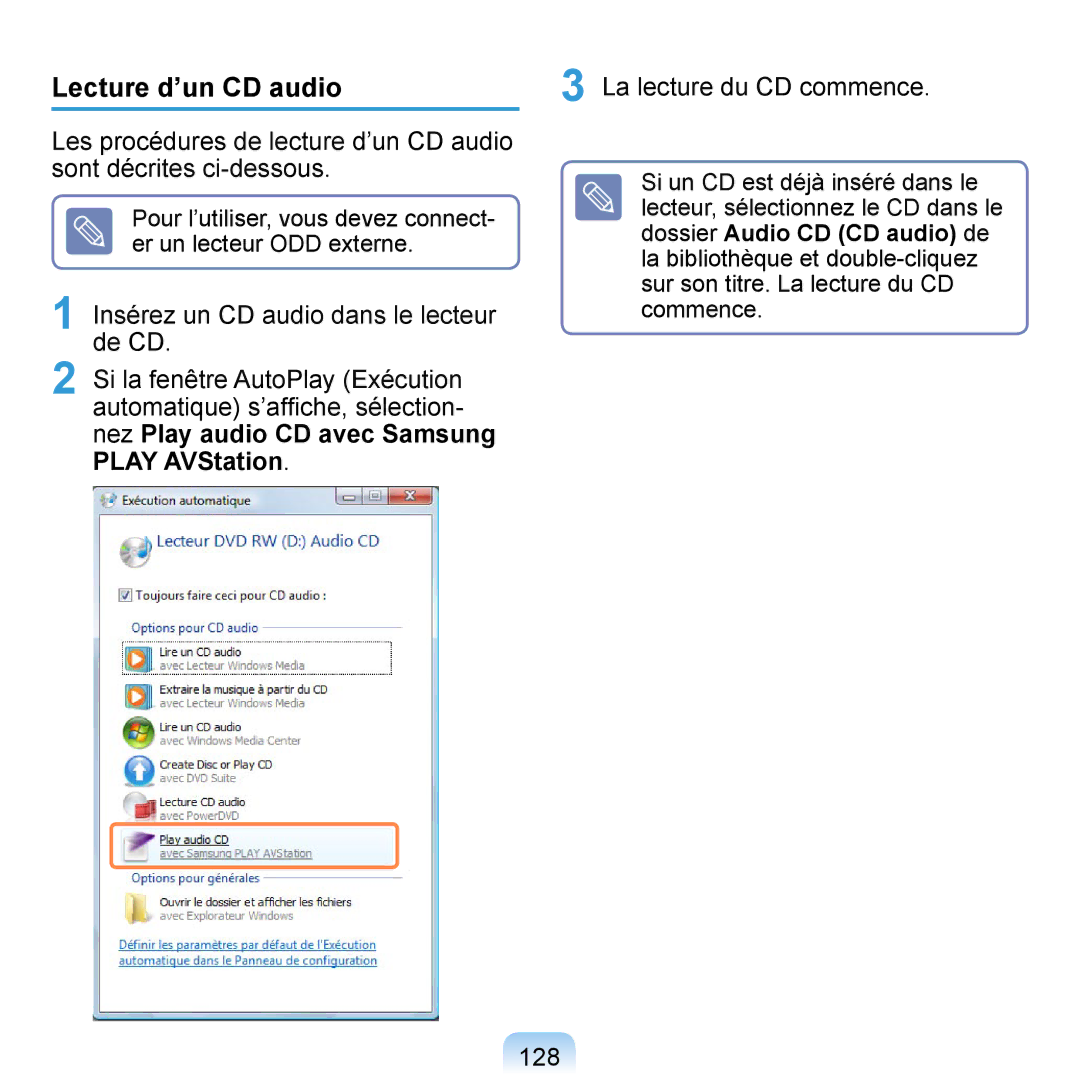 Samsung NP-Q1-M000/SEF, NP-Q1-V000/SEF manual Lecture d’un CD audio, La lecture du CD commence, Sont décrites ci-dessous 