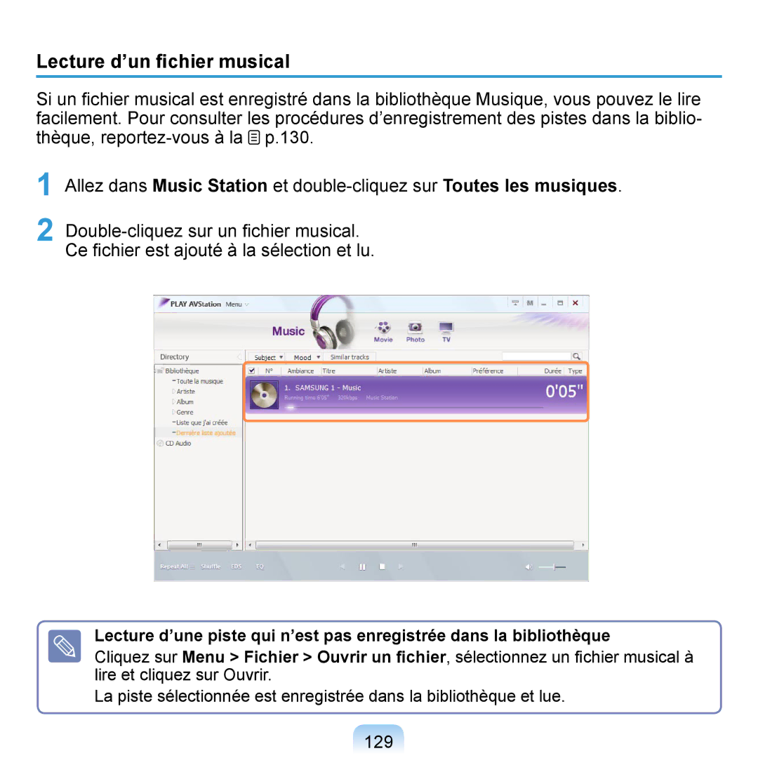 Samsung NP-Q1-V000/SEF, NP-Q1-V004/SEI, NP-Q1-M000/SEF manual Lecture d’un ﬁchier musical, 129 