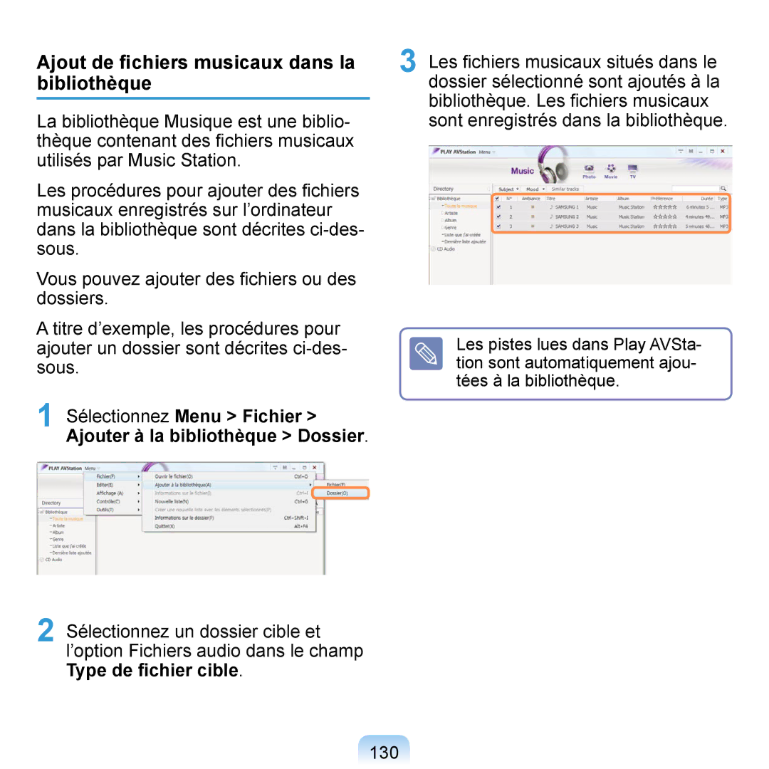 Samsung NP-Q1-V004/SEI, NP-Q1-V000/SEF, NP-Q1-M000/SEF manual Ajout de ﬁchiers musicaux dans la bibliothèque, 130 