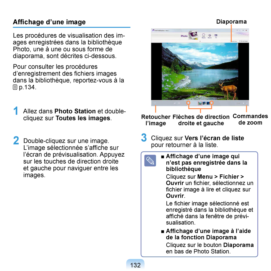 Samsung NP-Q1-V000/SEF manual Afﬁchage d’une image, Cliquez sur Vers l’écran de liste pour retourner à la liste, 132 