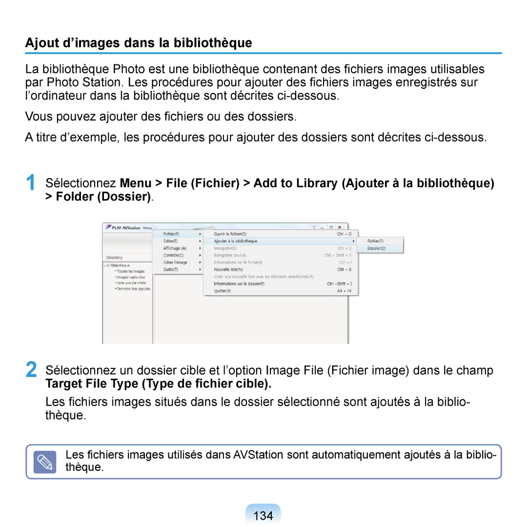 Samsung NP-Q1-M000/SEF, NP-Q1-V000/SEF manual Ajout d’images dans la bibliothèque, Target File Type Type de ﬁchier cible 