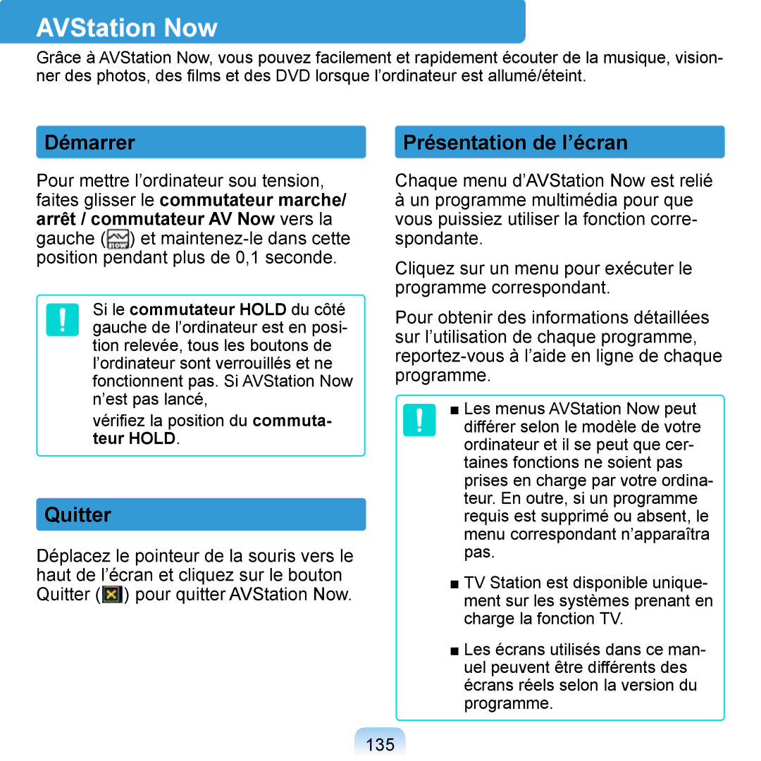 Samsung NP-Q1-V000/SEF, NP-Q1-V004/SEI, NP-Q1-M000/SEF manual AVStation Now, Démarrer Présentation de l’écran, Quitter, 135 