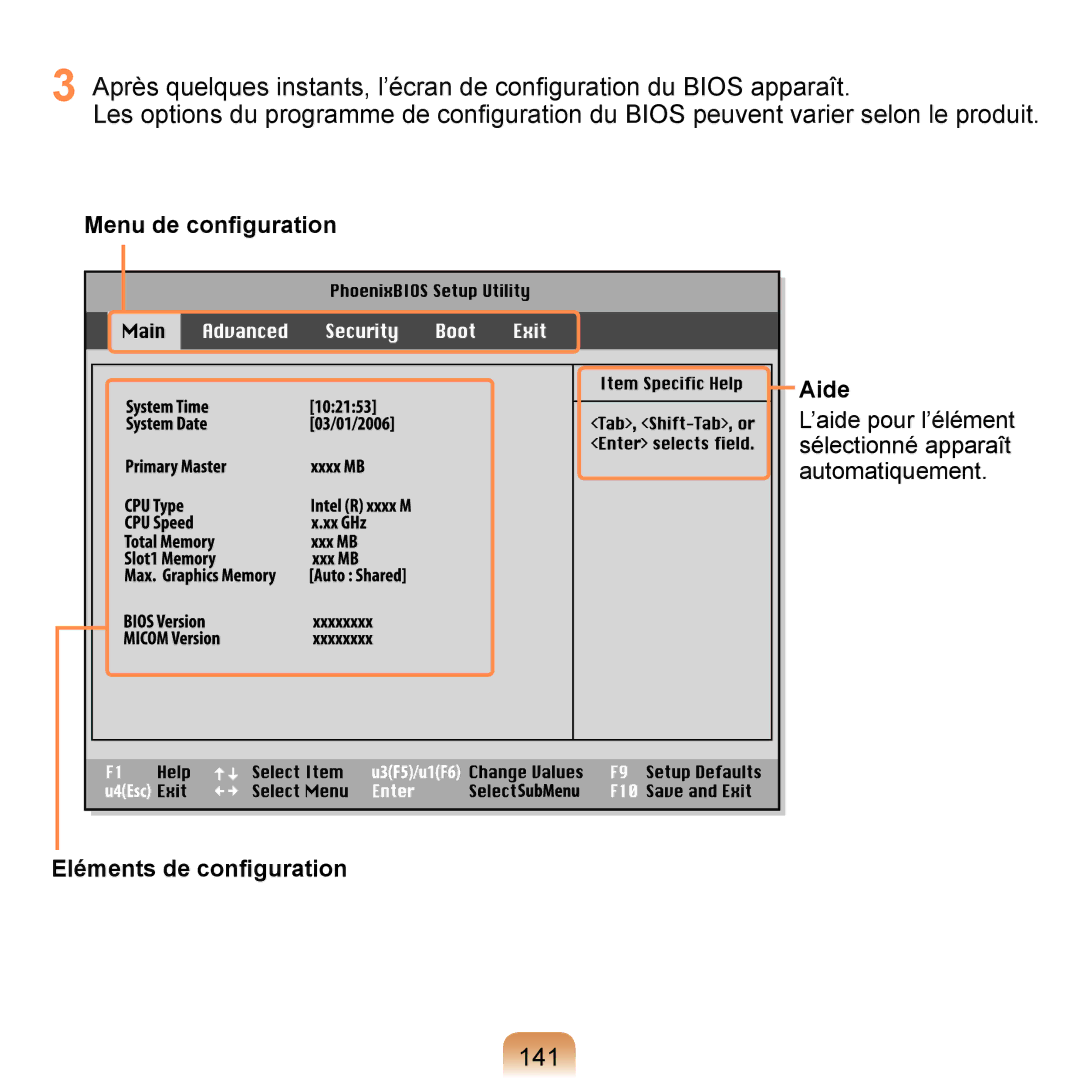 Samsung NP-Q1-V000/SEF, NP-Q1-V004/SEI, NP-Q1-M000/SEF manual 141, Menu de conﬁguration Aide, Eléments de conﬁguration 