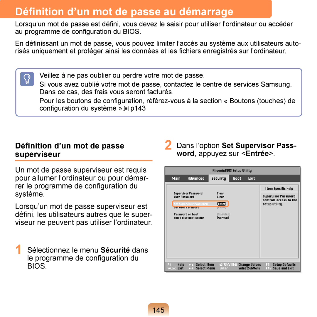 Samsung NP-Q1-V004/SEI manual Déﬁnition d’un mot de passe au démarrage, Déﬁnition d’un mot de passe superviseur, 145 