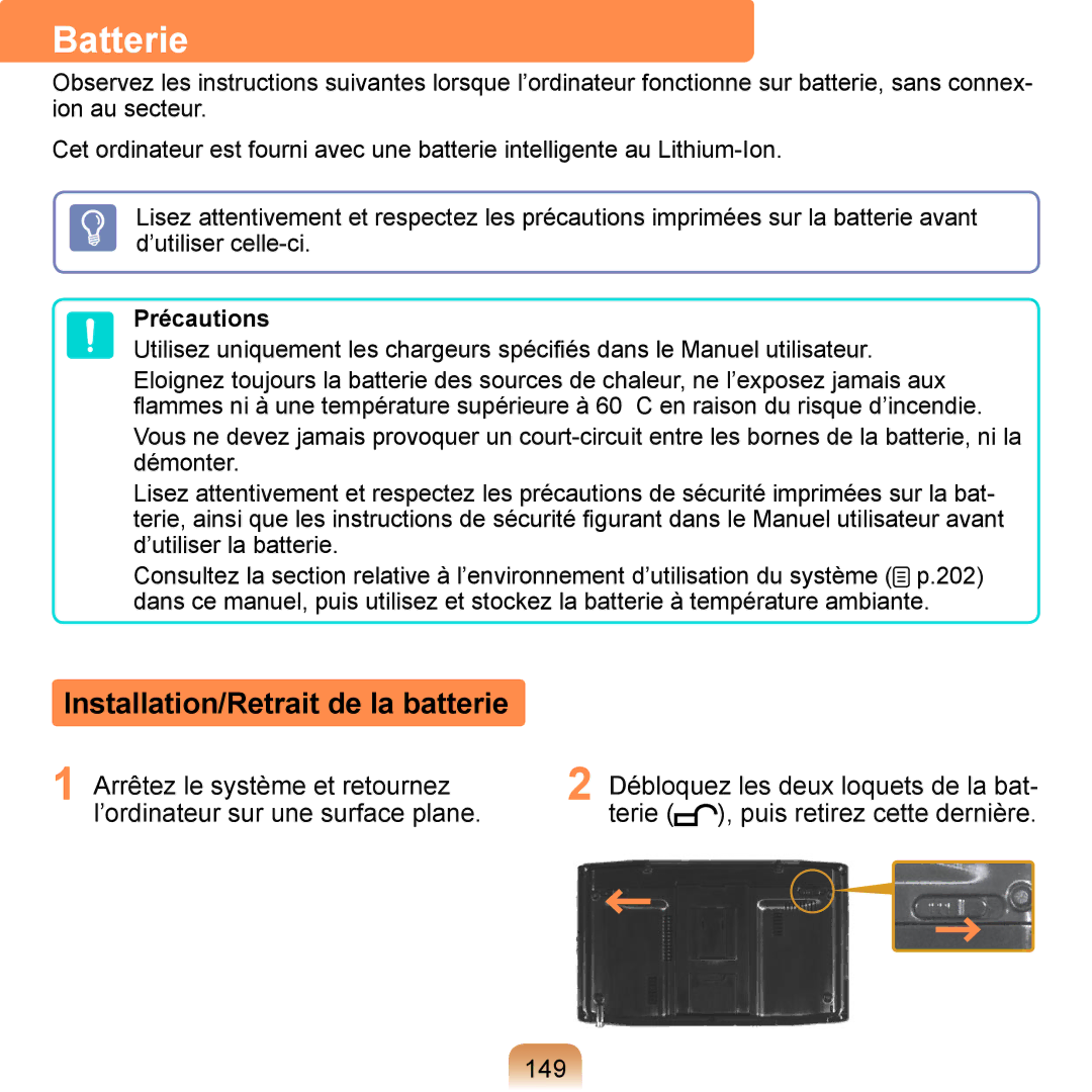 Samsung NP-Q1-M000/SEF, NP-Q1-V000/SEF, NP-Q1-V004/SEI manual Batterie, Installation/Retrait de la batterie, 149, Précautions 