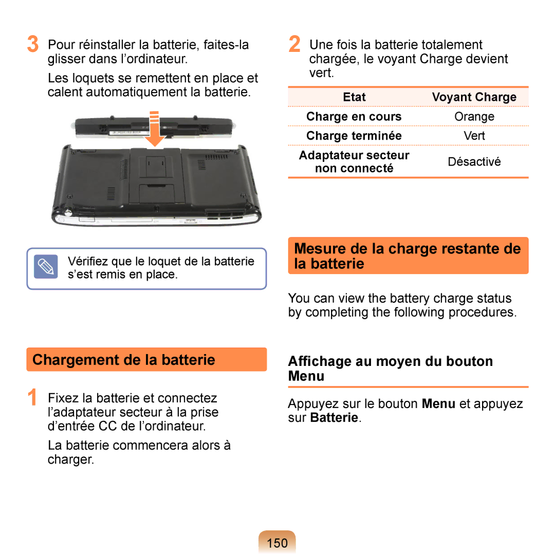 Samsung NP-Q1-V000/SEF manual Chargement de la batterie, Mesure de la charge restante de la batterie, Sur Batterie 