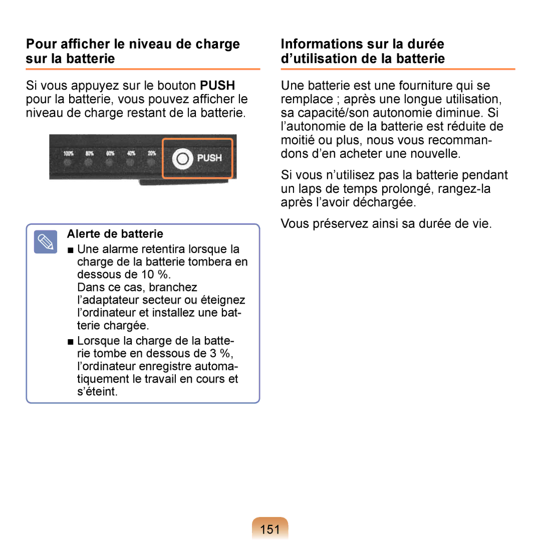 Samsung NP-Q1-V004/SEI, NP-Q1-V000/SEF, NP-Q1-M000/SEF Pour afﬁcher le niveau de charge sur la batterie, Alerte de batterie 