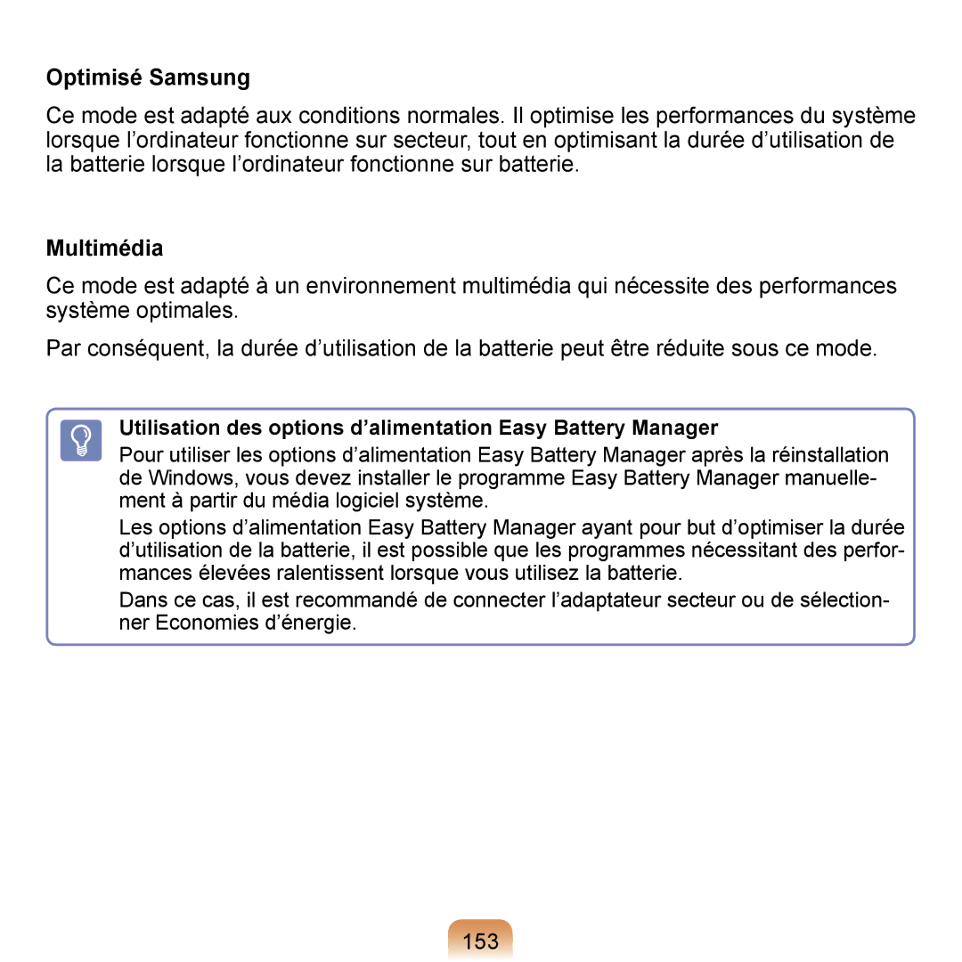 Samsung NP-Q1-V000/SEF Optimisé Samsung, Multimédia, 153, Utilisation des options d’alimentation Easy Battery Manager 