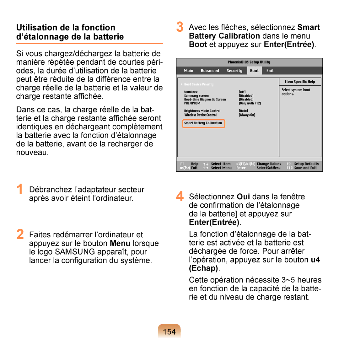 Samsung NP-Q1-V004/SEI, NP-Q1-V000/SEF, NP-Q1-M000/SEF manual Utilisation de la fonction d’étalonnage de la batterie, 154 