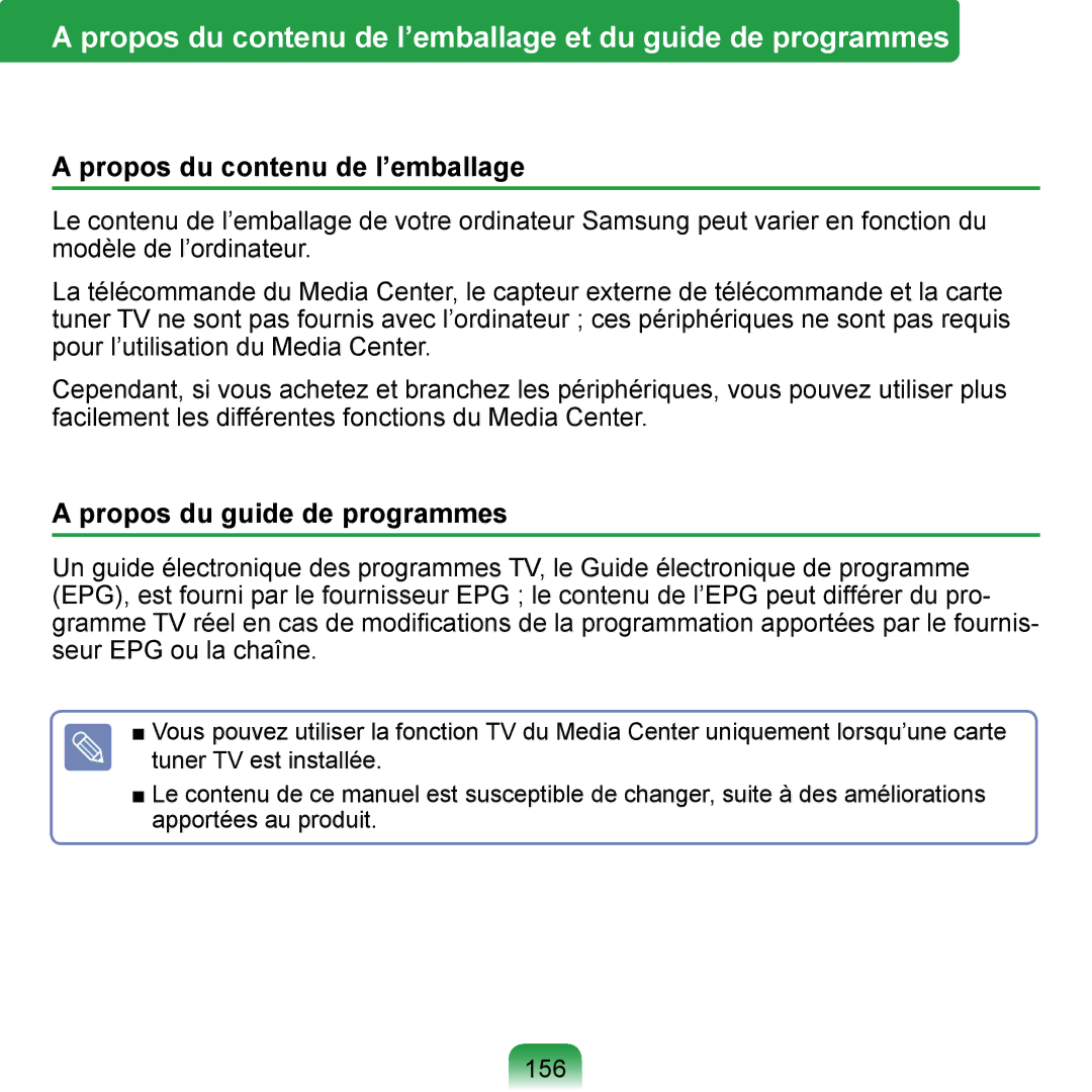 Samsung NP-Q1-V000/SEF, NP-Q1-V004/SEI, NP-Q1-M000/SEF Propos du contenu de l’emballage, Propos du guide de programmes, 156 