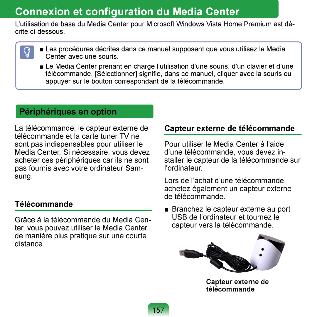 Samsung NP-Q1-V004/SEI manual Connexion et conﬁguration du Media Center, Périphériques en option, Télécommande, 157 