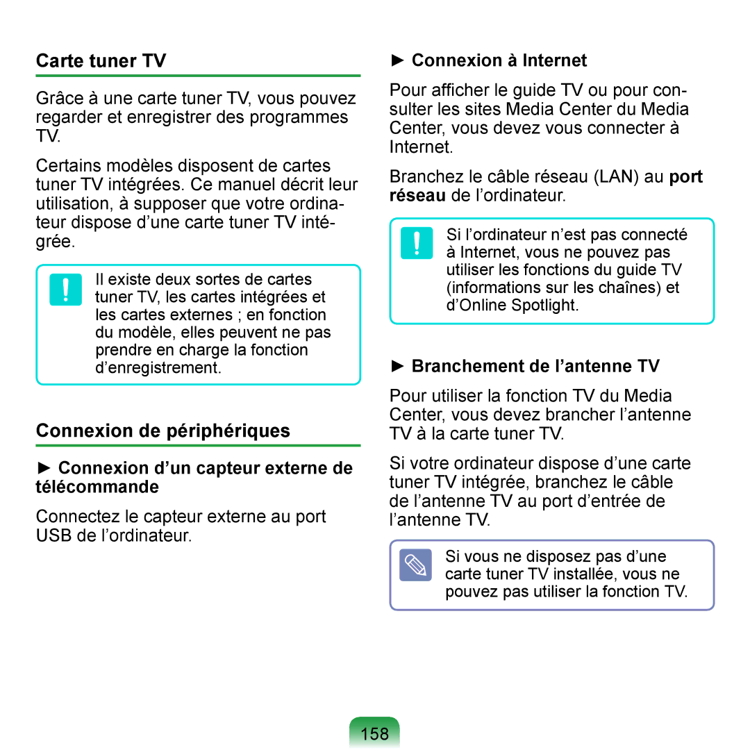 Samsung NP-Q1-M000/SEF manual Carte tuner TV, Connexion de périphériques, Connexion d’un capteur externe de télécommande 