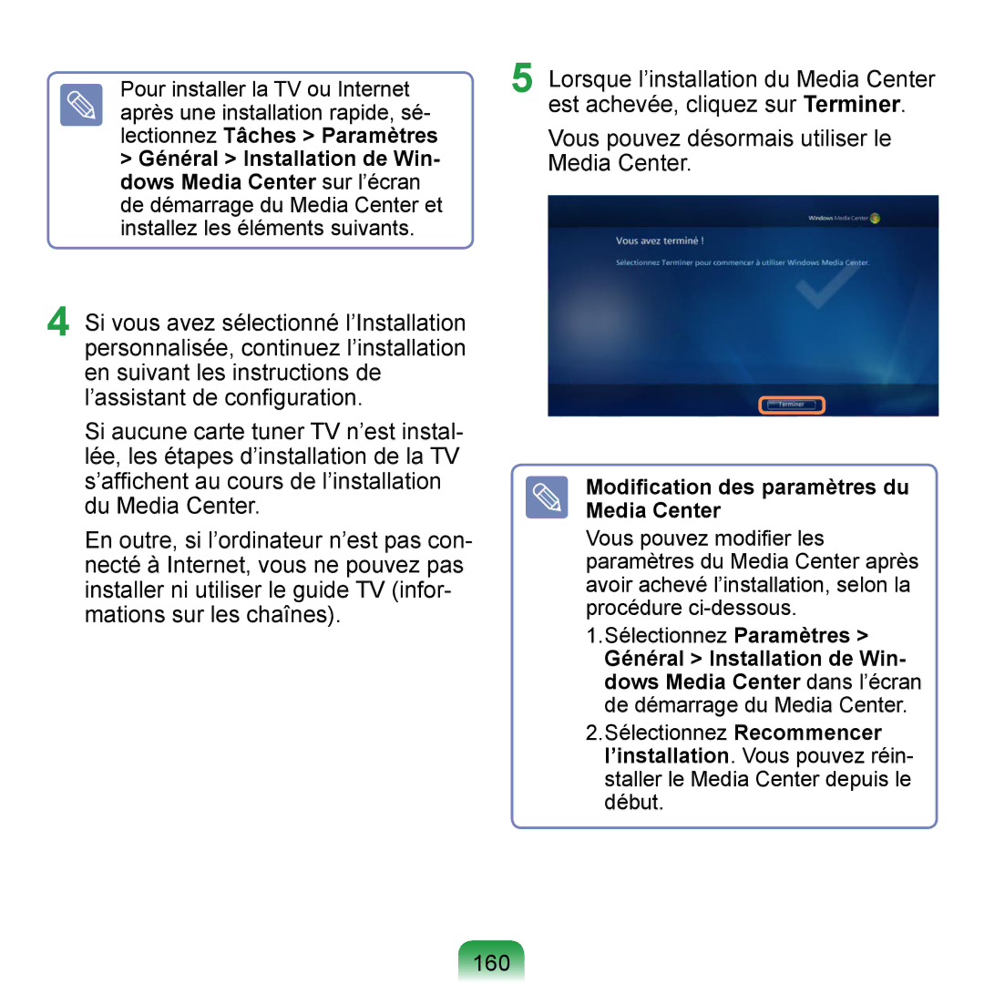 Samsung NP-Q1-V004/SEI, NP-Q1-V000/SEF, NP-Q1-M000/SEF manual 160, Modiﬁcation des paramètres du Media Center 