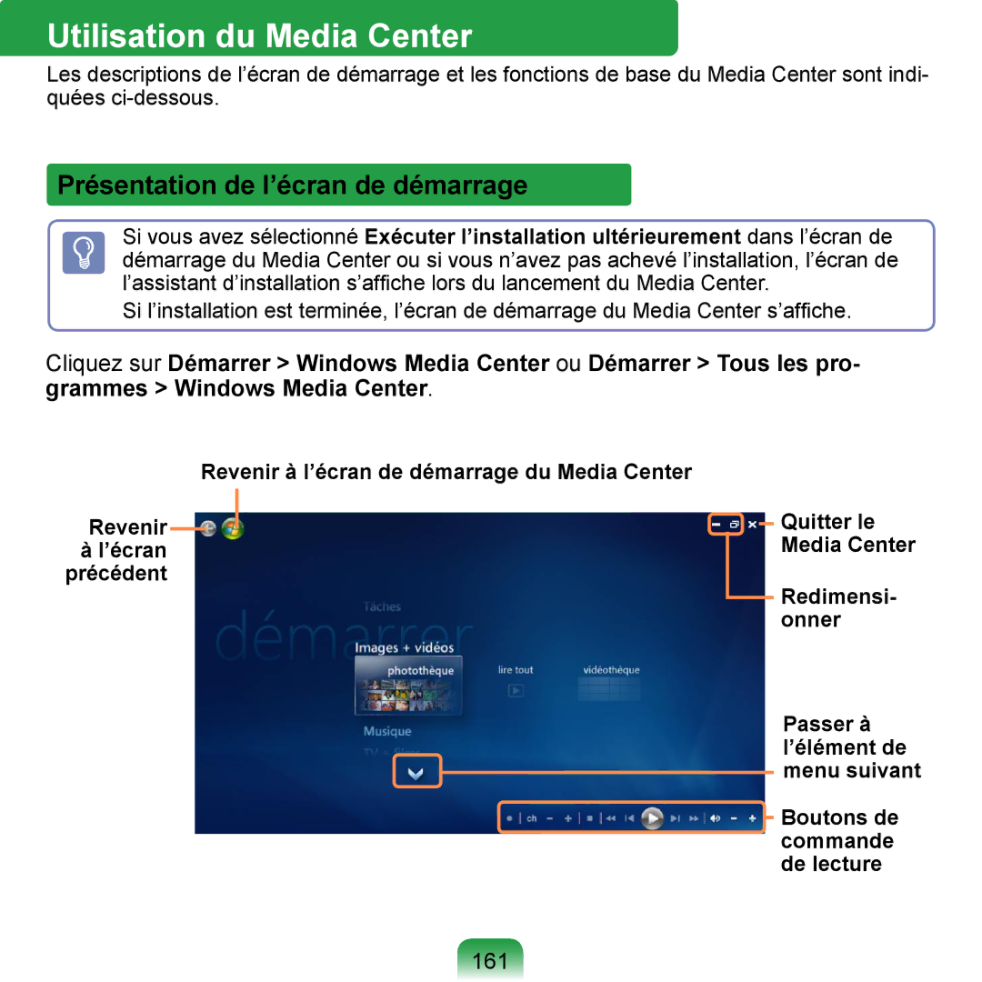 Samsung NP-Q1-M000/SEF, NP-Q1-V000/SEF manual Utilisation du Media Center, Présentation de l’écran de démarrage, 161 