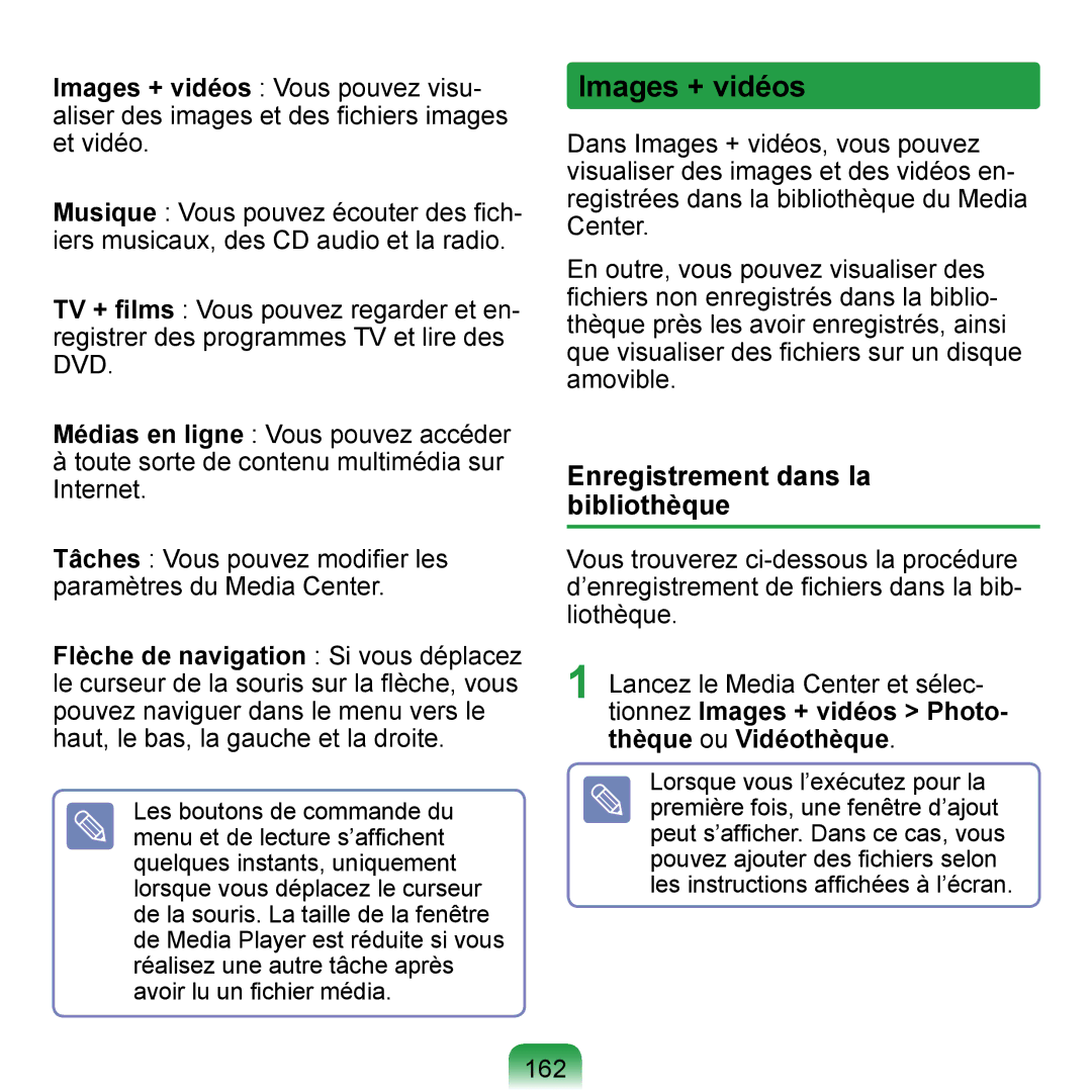 Samsung NP-Q1-V000/SEF, NP-Q1-V004/SEI, NP-Q1-M000/SEF manual Images + vidéos, Enregistrement dans la bibliothèque, 162 