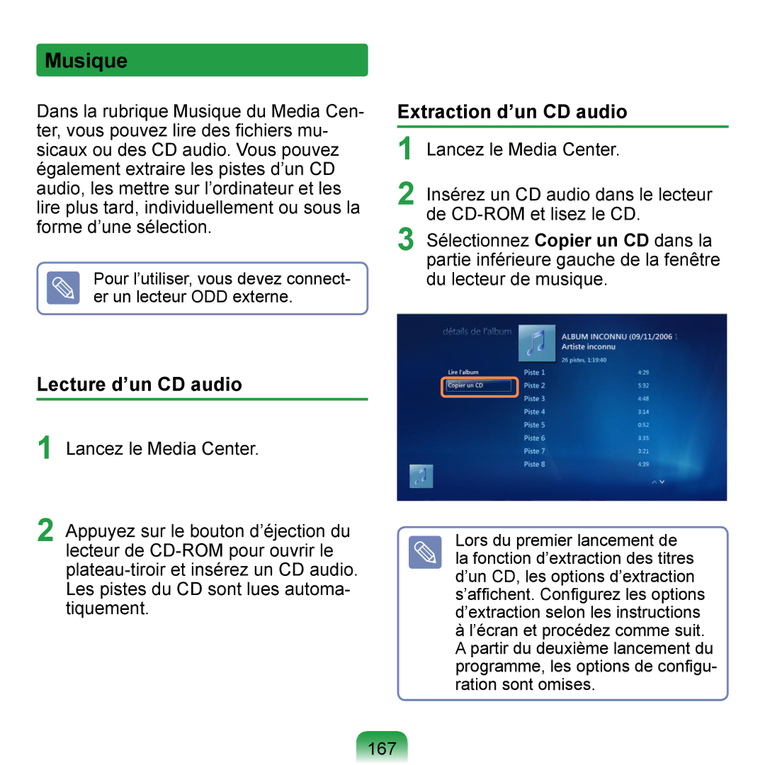 Samsung NP-Q1-M000/SEF, NP-Q1-V000/SEF, NP-Q1-V004/SEI manual Musique, Extraction d’un CD audio, 167 