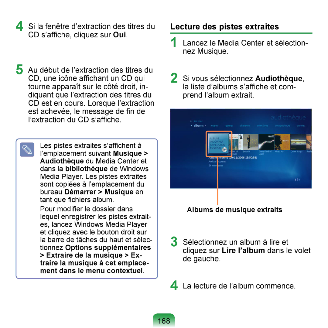 Samsung NP-Q1-V000/SEF, NP-Q1-V004/SEI manual Lecture des pistes extraites, Lancez le Media Center et sélection- nez Musique 