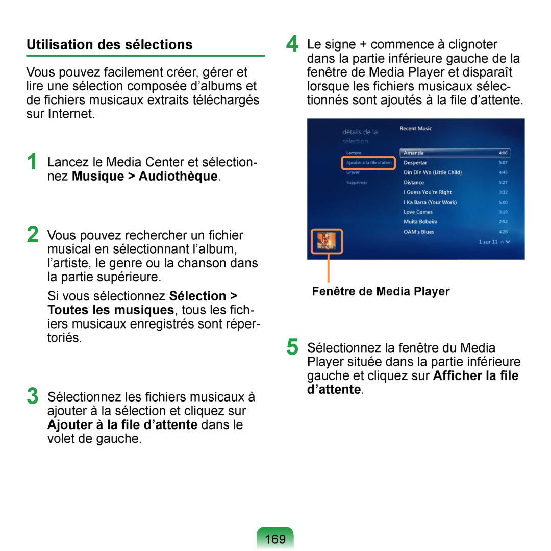 Samsung NP-Q1-V004/SEI, NP-Q1-V000/SEF, NP-Q1-M000/SEF manual Utilisation des sélections, Fenêtre de Media Player 